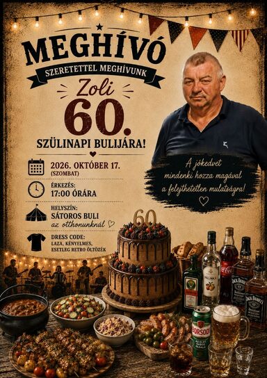 Meghívó plakát: Zoli 60. szülinapi bulijára, 2026. október 17. szombat 17:00