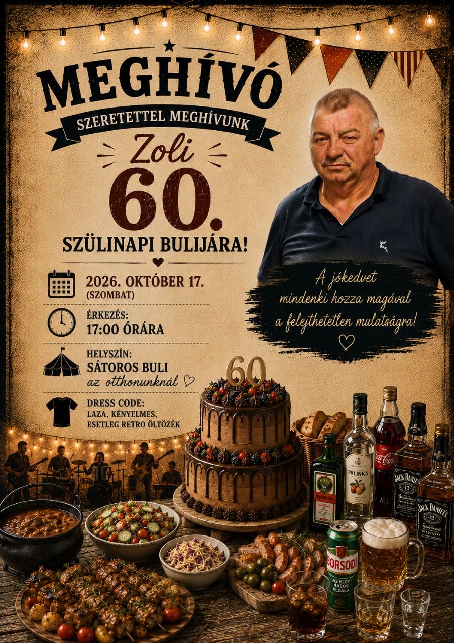 Meghívó plakát: Zoli 60. szülinapi bulijára, 2026. október 17. szombat 17:00
